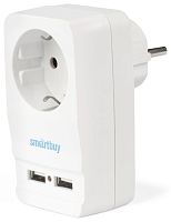 Адаптер с заземлением Smartbuy 1-м+2xUSB тип A+A 2400мА белый картинка 